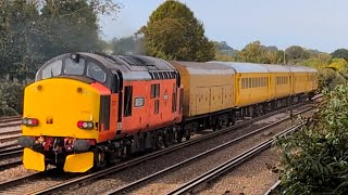 Swietelsky Class 37607 on hire to Colas Rail on the test train at Chart Leacon (Ashford)