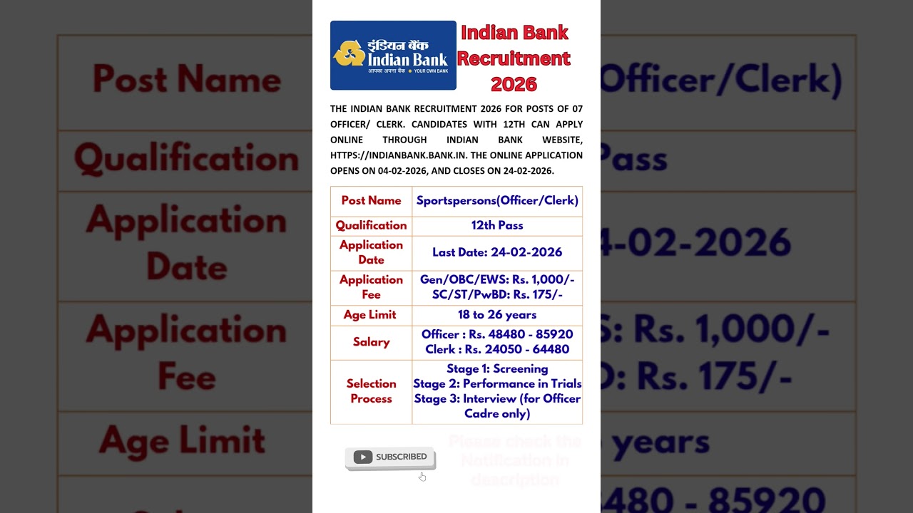 Indian Bank Sportspersons recruitment 2026! 