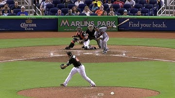 ATL@MIA: Laird lines single to left, plates Simmons
