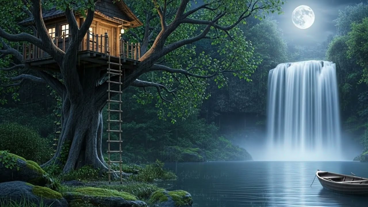 Moonlight Reflections by the Treehouse & Waterfall | Peaceful Boat Night for Deep Sleep
