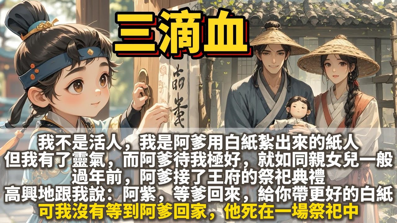 完結驚悚復仇文：三滴血。我不是活人。 我是阿爹用白紙紮出來的紙人。 但我有了靈氣，而阿爹待我極好，就如同親女兒一般。 過年前，阿爹接了王府的祭祀典禮，高興地跟我說：阿紫，等爹回來，給你帶更好的白紙。