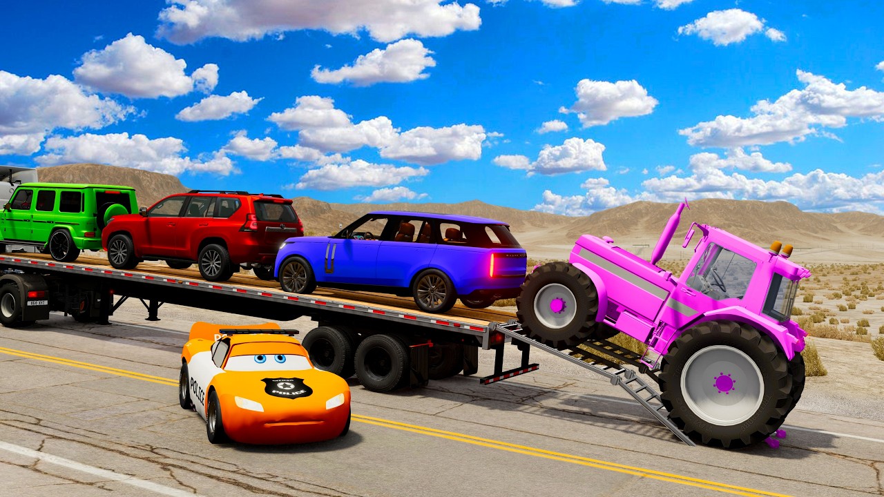 TRANSPORTING PIXAR CARS & FRUITS WITH COLORED & JOHN DEERE vs CLAAS vs TRACTORS - BeamNG.drive #962
