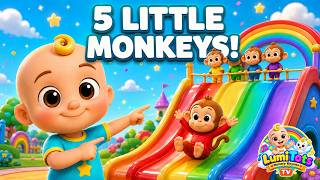 Five Little Monkeys on the Rainbow Slide | Counting Song for Kids | LumiTots Nursery Rhymes