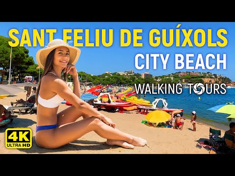 4K Sant Feliu de Guíxols (Catalonia, Spain) City Beach Walking Tour August • 2022