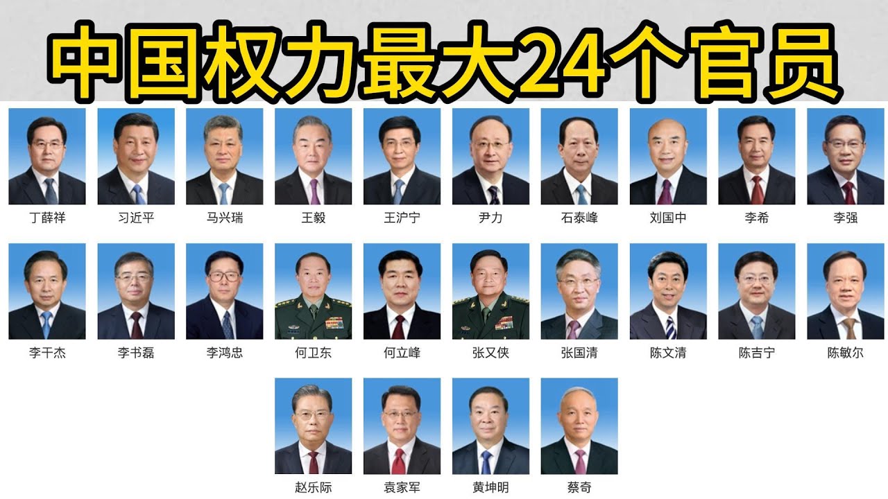 中国权力最大的24个官员，24中央政治局委员。7政治局常委，6分封疆大吏，5个部长，3个副总理，2个军委主席，1人大副主任。｜习近平 ｜李强 ｜赵乐际 ｜王沪宁｜蔡奇｜丁薛祥｜李希｜