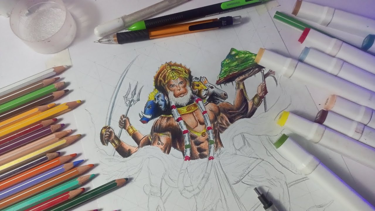 Panchamukhi hanuman in comic style 🤩🙏🏼🚩 || colour pencil tutorial • step by step 