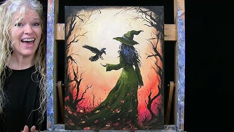 HALLOWEEN! Learn How to Draw & Paint with Acrylics CROW WITH A WITCH-Easy Lesson-Paint & Sip at Home
