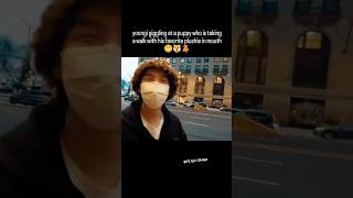 Yoongi Giggling At A Puppy Who Is Taking A Walk With His Favorite Plushie In Mouth