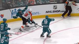 Mario Ferraro roughs up Garnet Hathaway after a big hit on Macklin Celebrini - Flyers @ Sharks