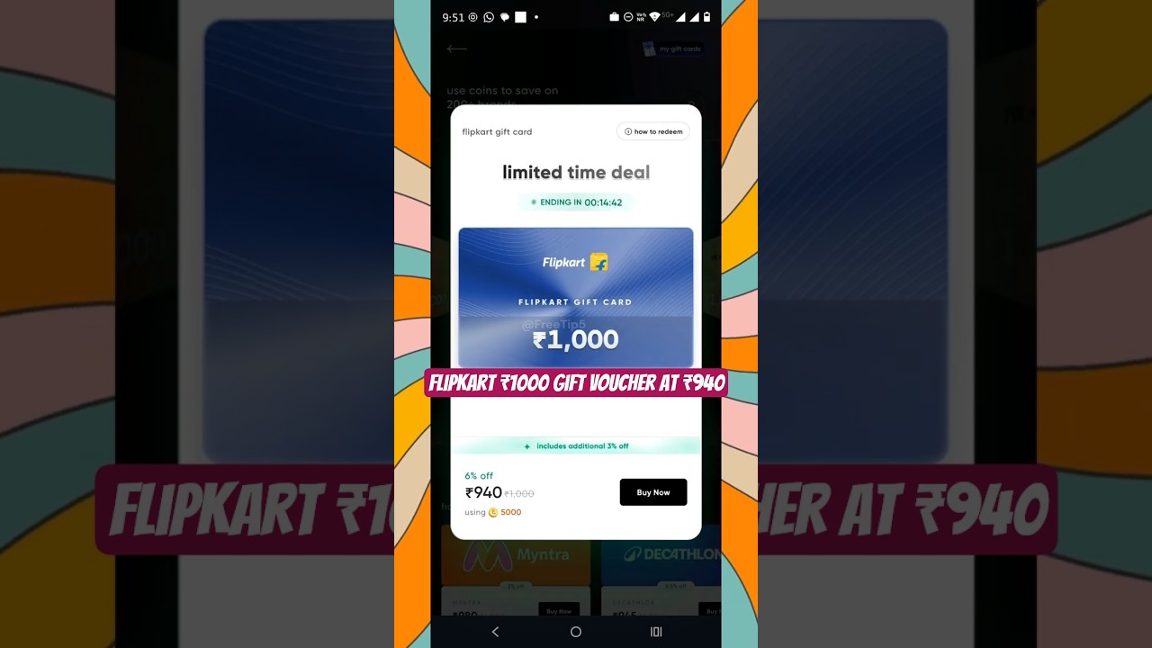 Flipkart ₹1000 Gift Card at ₹940 || Cred Flat 6% Discount on Flipkart Voucher Offer 