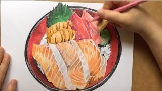 24色セットの色鉛筆で海鮮丼を描いてみた(byもじゃクッキー)