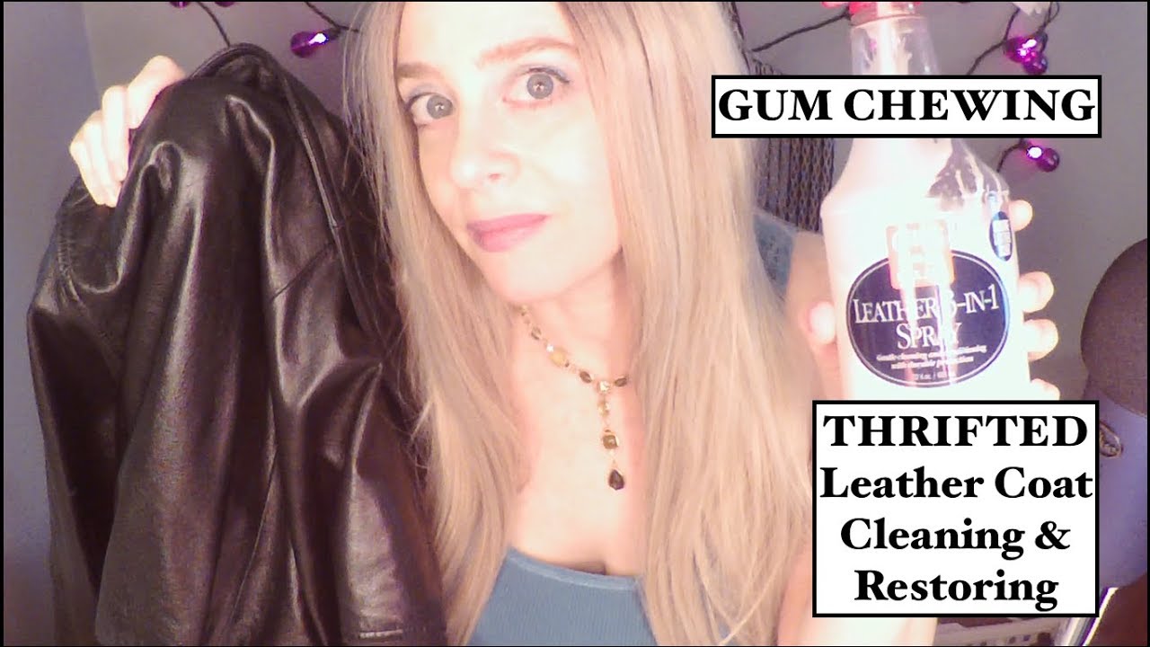 [ASMR] Gum Chewing Leather Coat Cleaning Thrift Store Purchase
