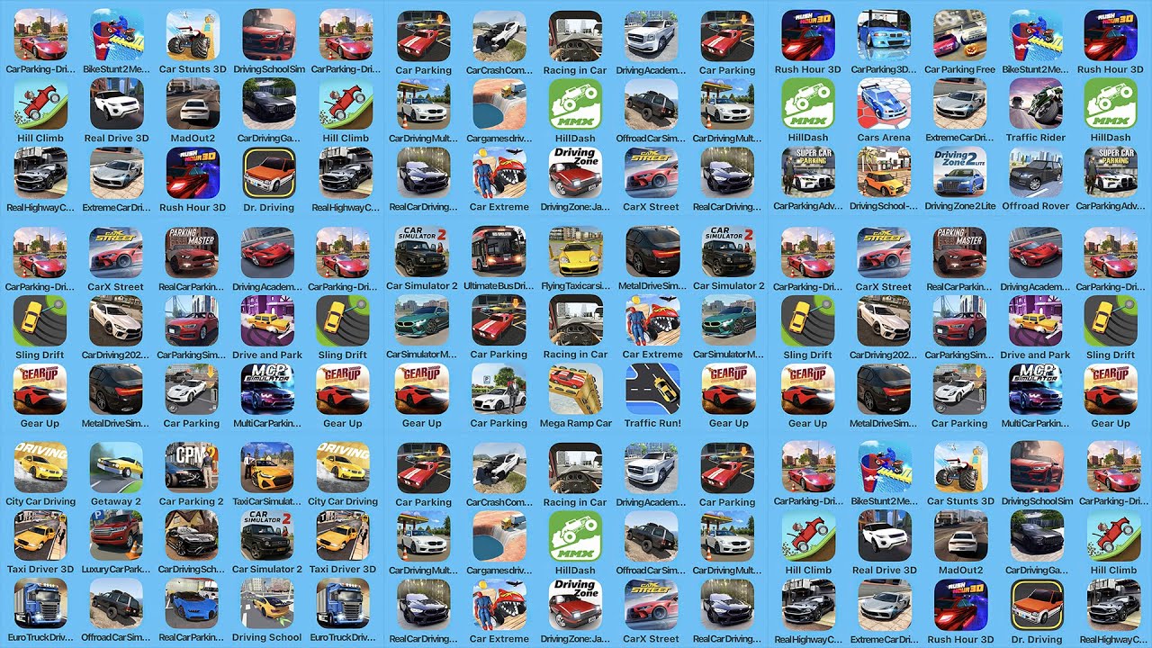 Car Parking-Driving School, Car Parking, Bike Stunts, City Car Driving, Getaway 2, Car Simulator 2