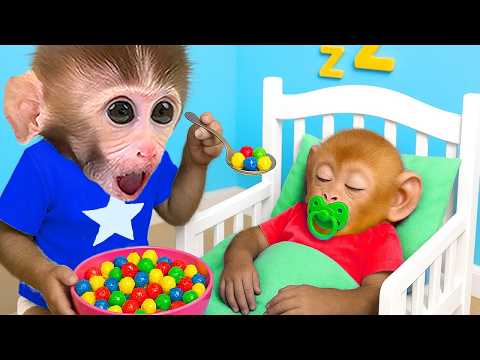 DuDu the Monkey cleans the house and makes colorful milk with Cute Baby Monkey