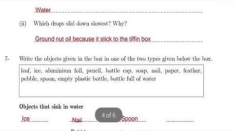 Experiments With Water,  Worksheets With Answers,  Chapter7, EVS, Class5, NCERT