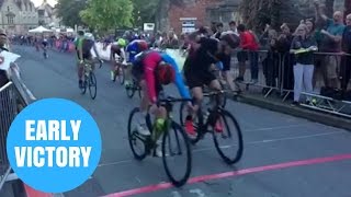 A video has captured the excruciating moment cyclist punches air as he
approaches finish line during race - only to be overtaken by another
cycli...