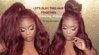 How to Slay frontal wig, colouring Burgundy, lay baby hair to look natural | Klaiyi Hair