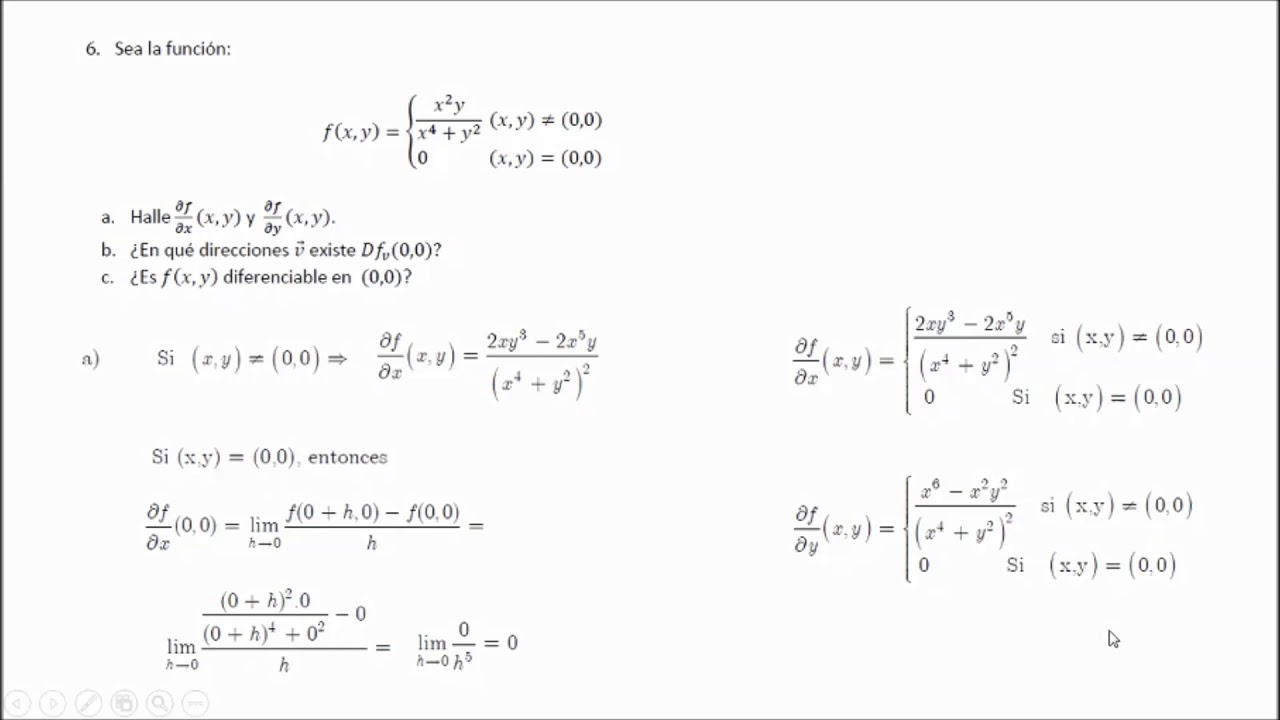 Derivadas parciales por definición. Derivadas direccionales. Ejercicio resuelto. Diferenciabilidad