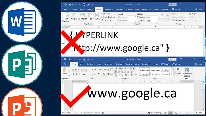 Show blue hyperlink instead of { HYPERLINK link } in MS word 2019