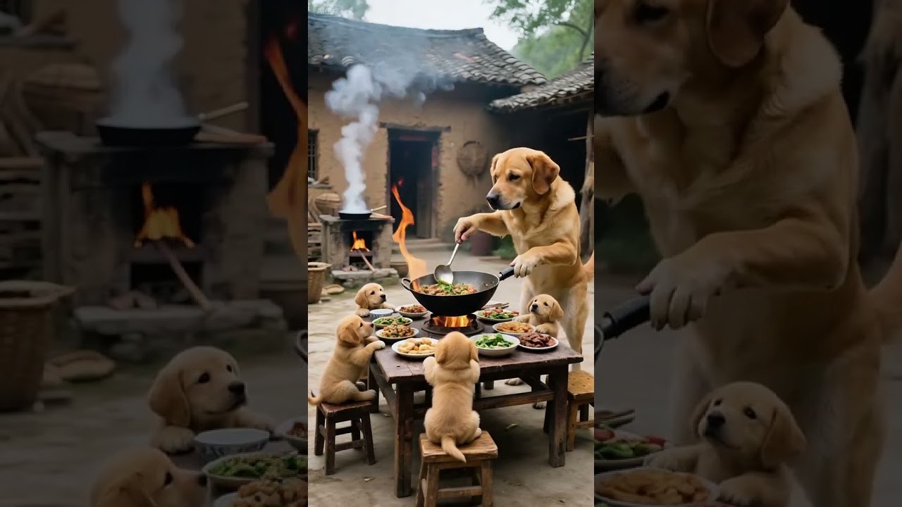 Golden Retriever Mom Cooks a Feast for Her Puppies (Village Kitchen Vibes!)