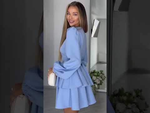 Платье с рюшами женское короткое, элегантное платье с длинными рукавами и поясом, видео 1