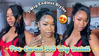 PRE-CURLED 360 WIG INSTALL 😍🔥 + 4 EASY STYLES! BEGINNER FRIENDLY Ft. Ashimary Hair