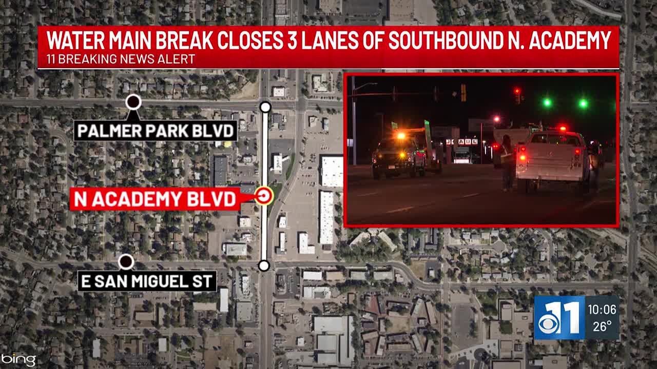 Water main break closes three lanes of southbound N. Academy - YouTube