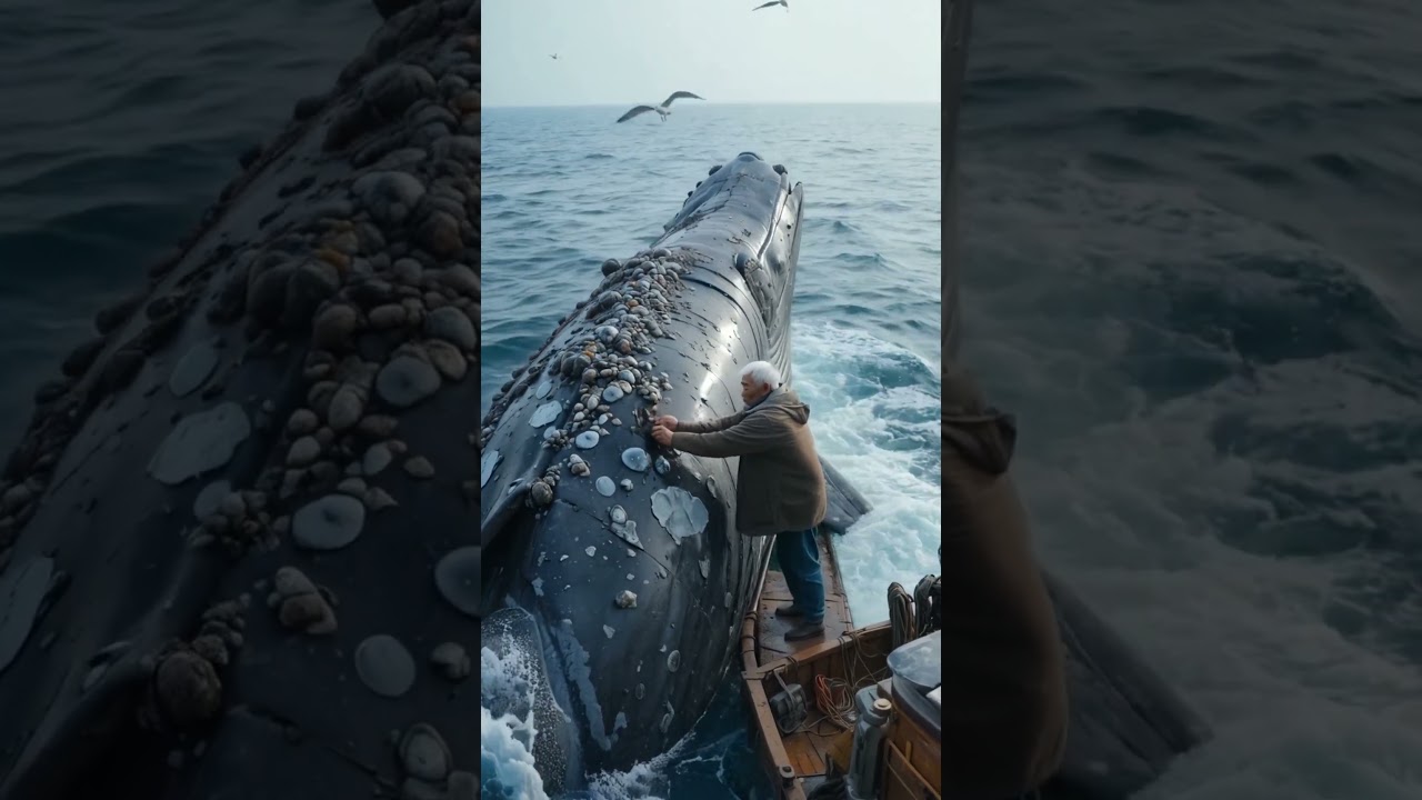 Old man clean the barnacle from a Whale 