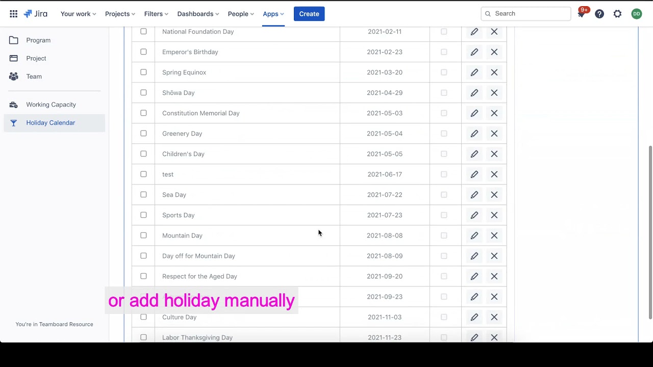 Working Capacity & Holiday Calendar