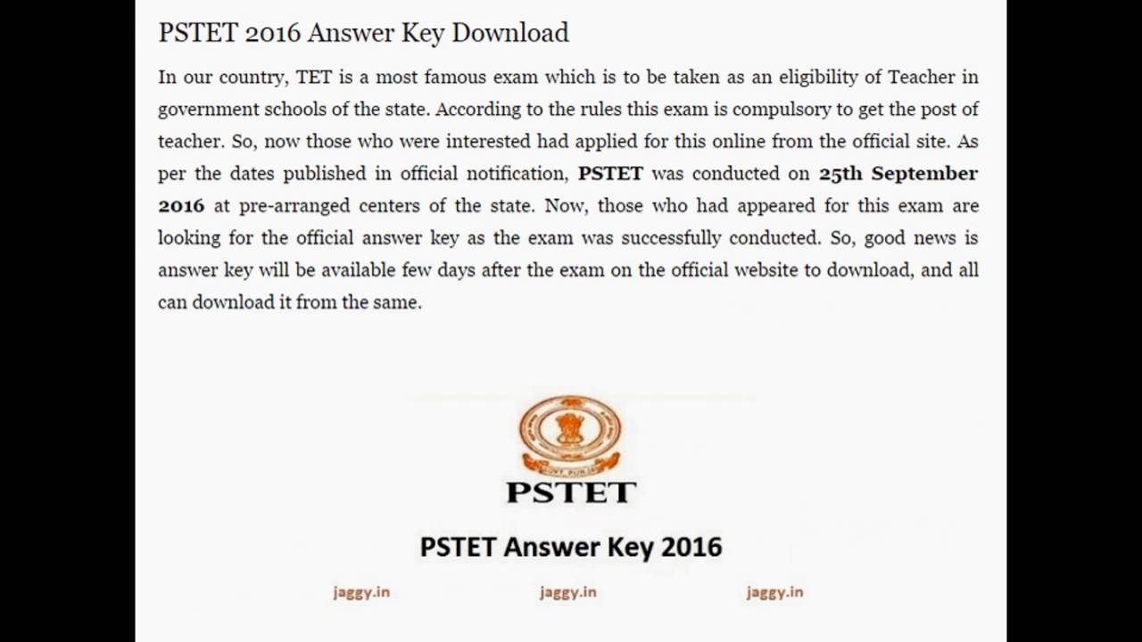 PSTET 2016 Answer Key |  Download (25 Sept)  | Jaggy