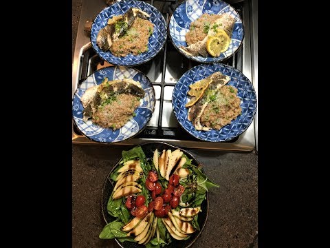 Vegetable Risotto with Branzino Fish, and Pear Salad