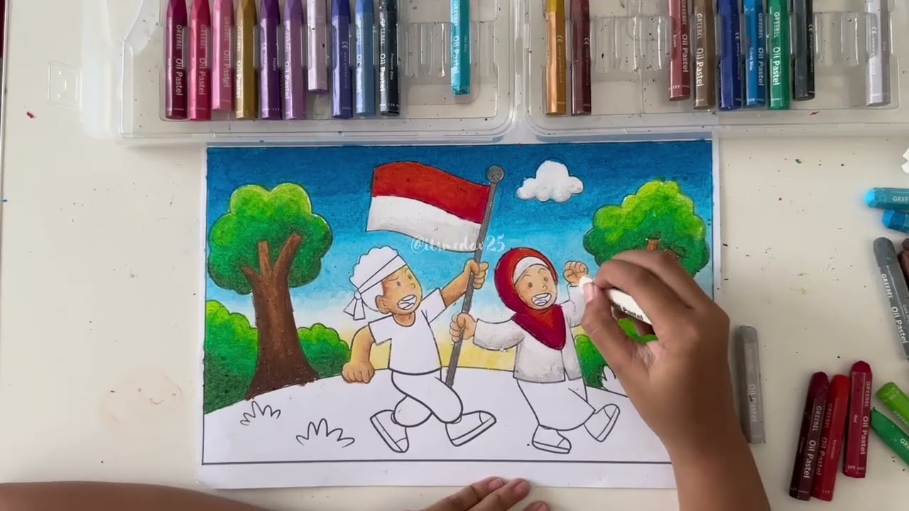 Cara mudah mewarnai gradasi warna dengan crayon / oil pastel tema kemerdekaan Ep.39