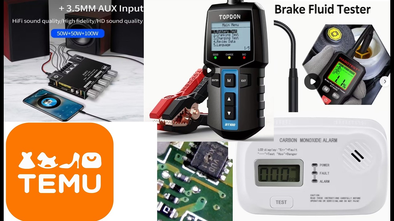 Temu tools review- HiFi 100w amplifier, battery tester, carbon monoxide detector, brake fluid tester