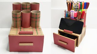 Desktop Organizer Making with Paper Roll and Cardboard - Phone stand and Pencil Holder