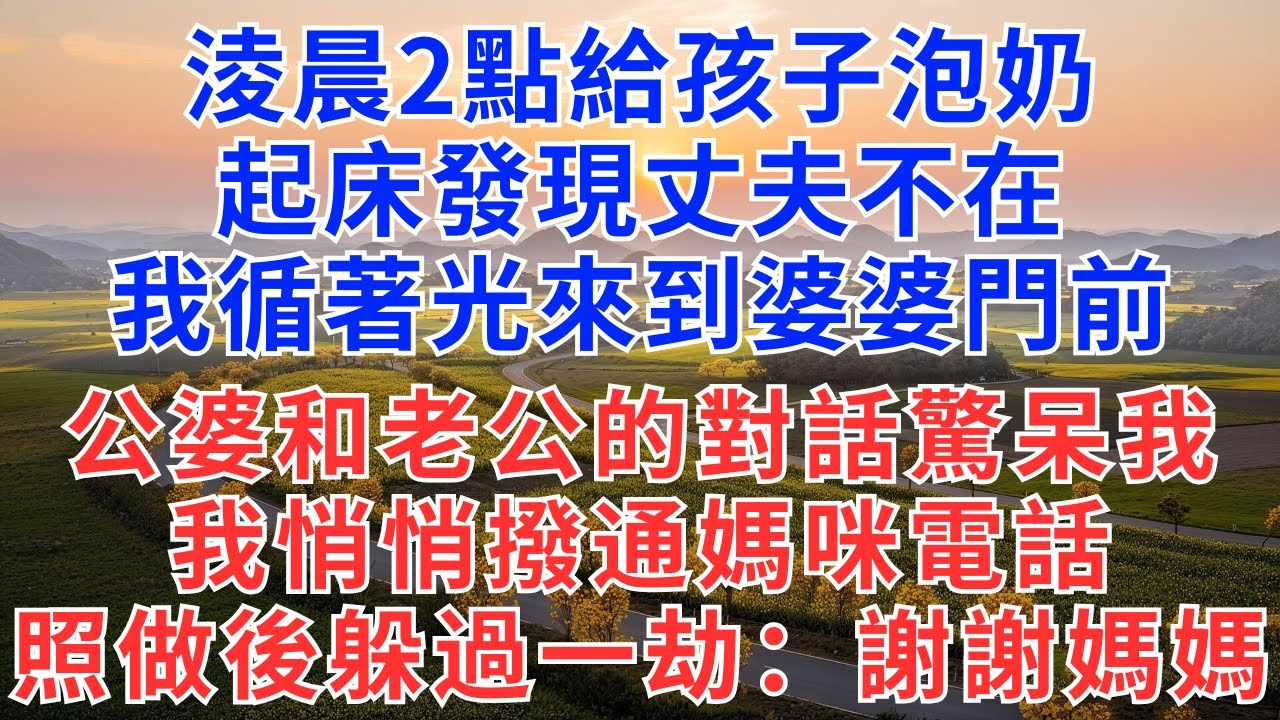 淩晨2點給孩子泡奶，起床發現丈夫不在，我循著光來到婆婆門前，公公婆婆和老公對話驚呆我，我悄悄撥通媽咪電話，照做後，躲過一劫：謝謝媽媽！#為人處世#故事#故事#小說#戀愛#情感#婚姻