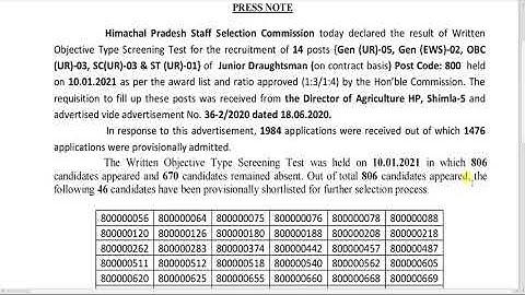 HPSSC Latest Results 2021 ||Post Codes-788 & 800 Results || HPSSC Latest Result Notification 2021 ||