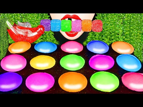 ASMR RAINBOW UFO SOUR CANDY *SATISFYING CRUNCHY EATING SOUNDS, SEA GRAPES BIRD GLASS DRINKING SOUNDS