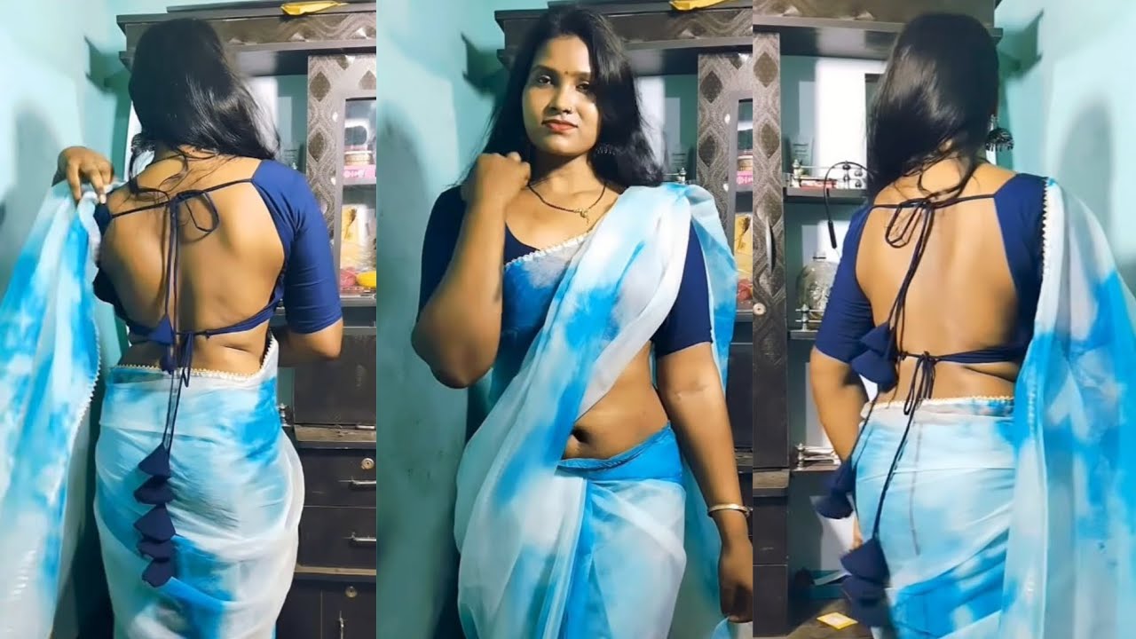Low Waist Saree Draping Style Posing in Sky Blue & White Organza Saree Backless Blouse Back Pose 