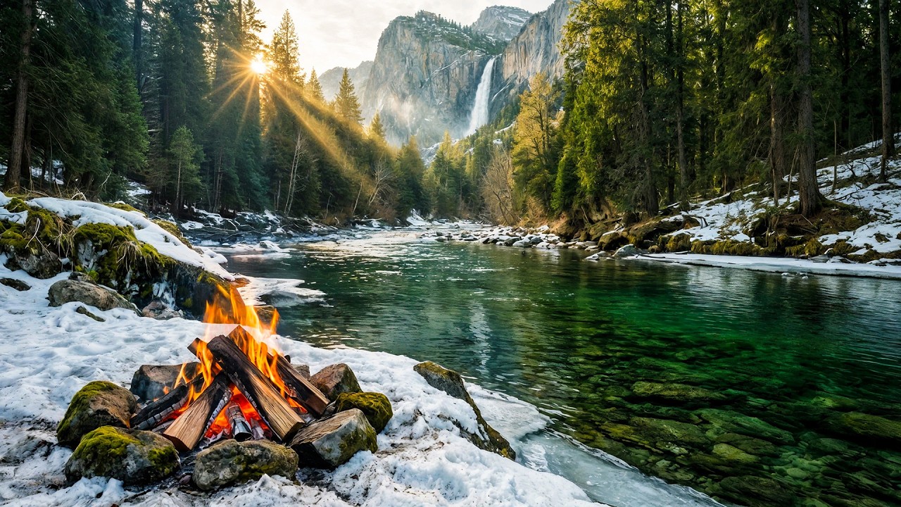 Peaceful Campfire by Emerald River 🌄 Waterfall in the Distance
