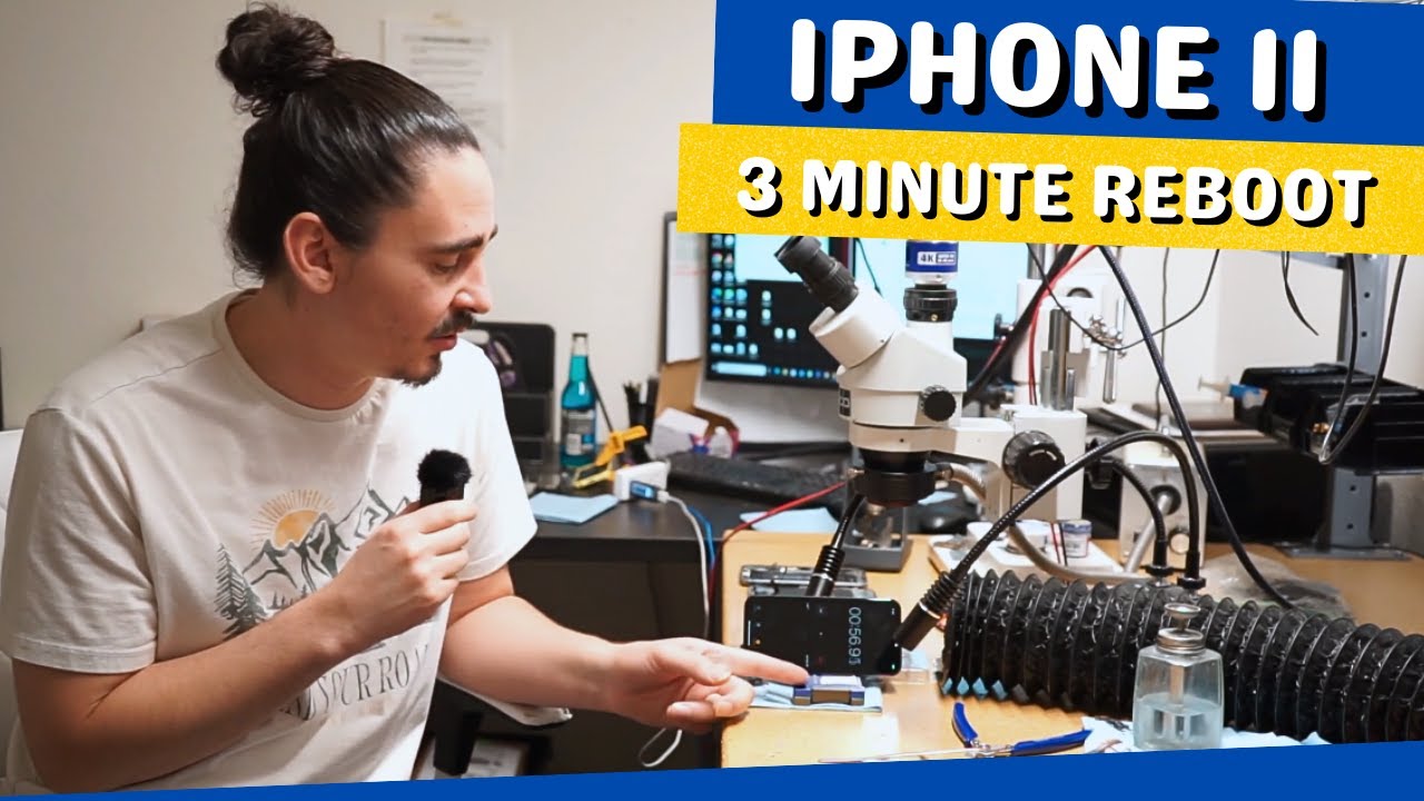 Embedded video showing a water-damaged iPhone 11 that keeps restarting every three minutes, diagnosed and stabilized on the original logic board for data recovery.