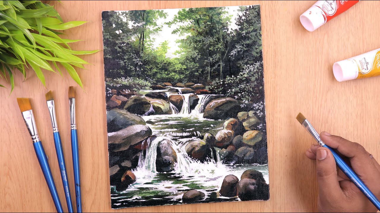 Acrylic painting idea Water Stream landscape painting YouTube