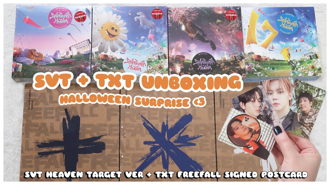 unboxing seventeen heaven + txt freefall - all versions ✨🎃🖤 signed postcards + target photocards
