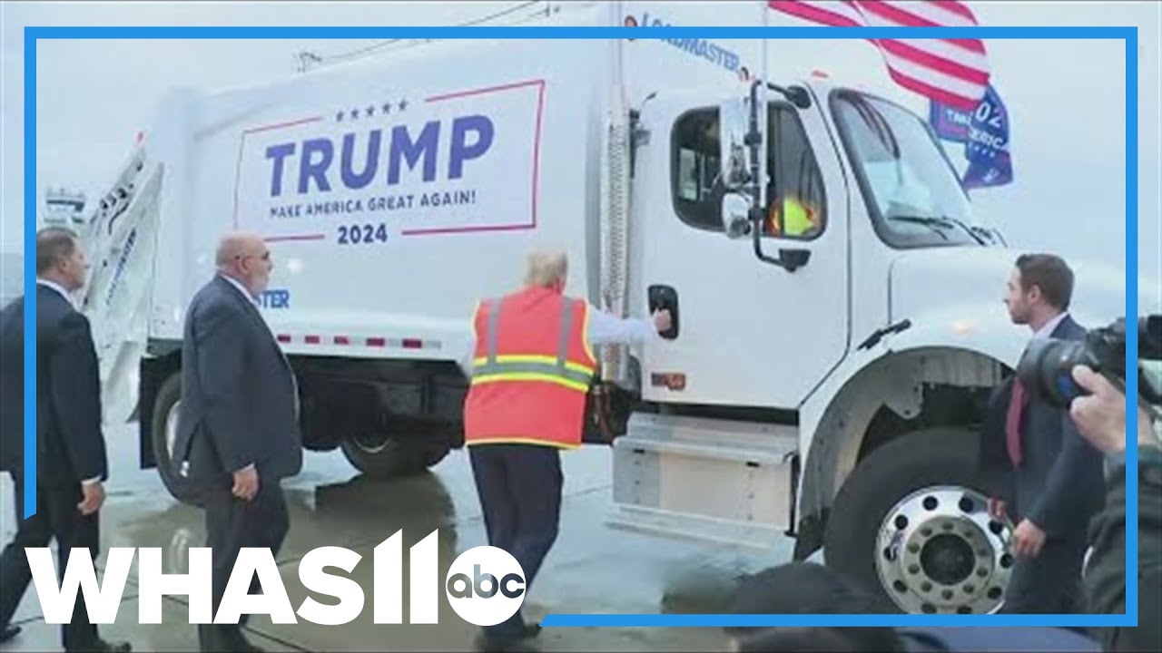 Donald Trump gets into branded garbage truck ahead of Wisconsin rally