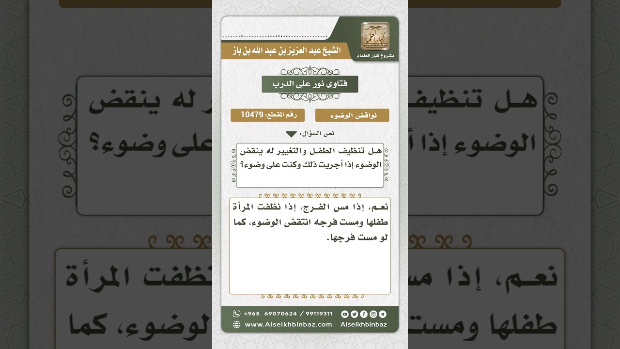 10479 -  أثر مس عورة الطفل حال تنظيفه على الوضوء -  نور على الدرب