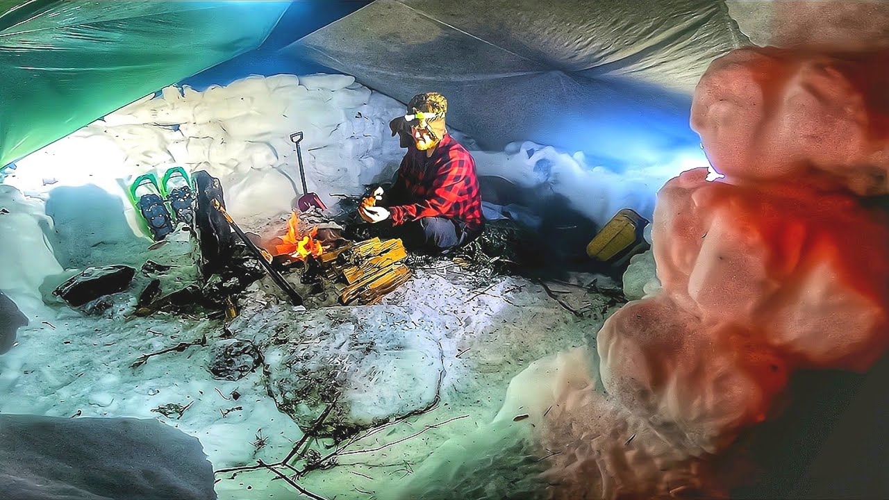 SOLO Bushcraft WINTER Camping in DEEP SNOW Build Warm SURVIVAL SHELTER ...