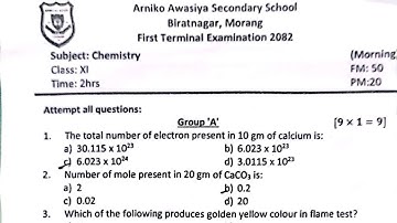 Class-11 Chemistry | First terminal question paper 2082 :: Arniko Awasiya Secondary school