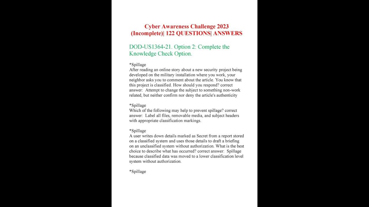 CYBER AWARENESS CHALLENGE 2023 122 QUESTIONS ANSWERS YouTube