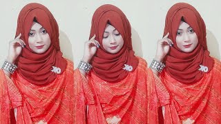 My regular hijab style with salwar kameez(2023)||Party wear hijab tutorial with three piece 🧡