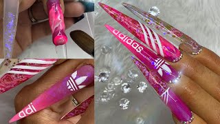 DIY PINK Floral Adidas Acrylic Nails | EXTREME LENGTH | Glitter Planet