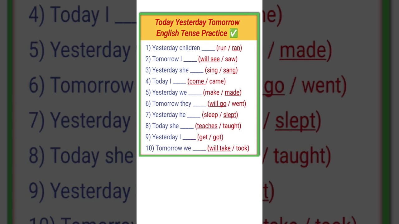 Today Yesterday Tomorrow | English Tense Practice ✅ (2026). 